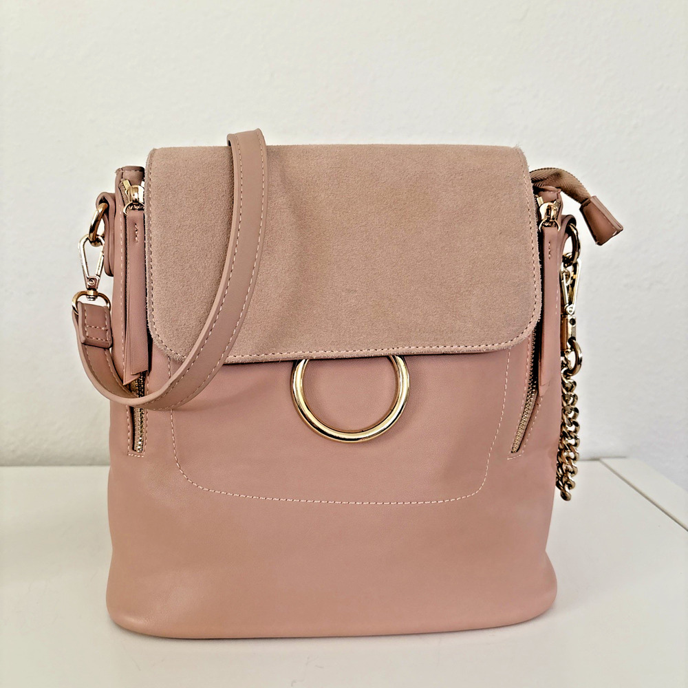 Pink Purse Gold Chain Satchel Shoulder Bag Backpack Moda Luxe Faux Suede